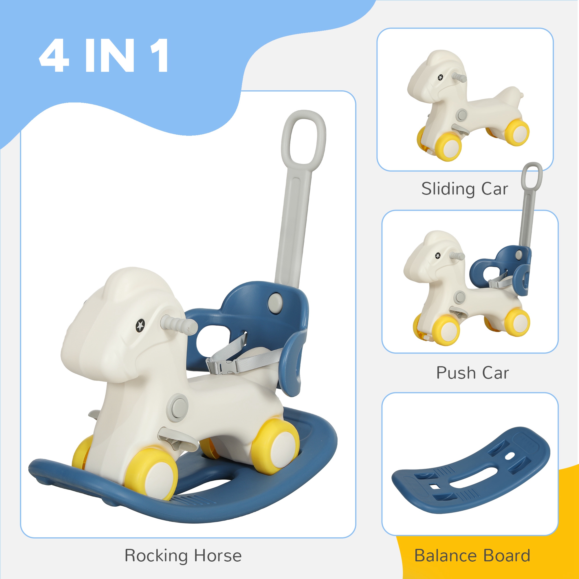 4 in 1 Rocking Horse for Toddles 1-3 Years with Detachable Push Handle & Balance Board, Blue — image 2