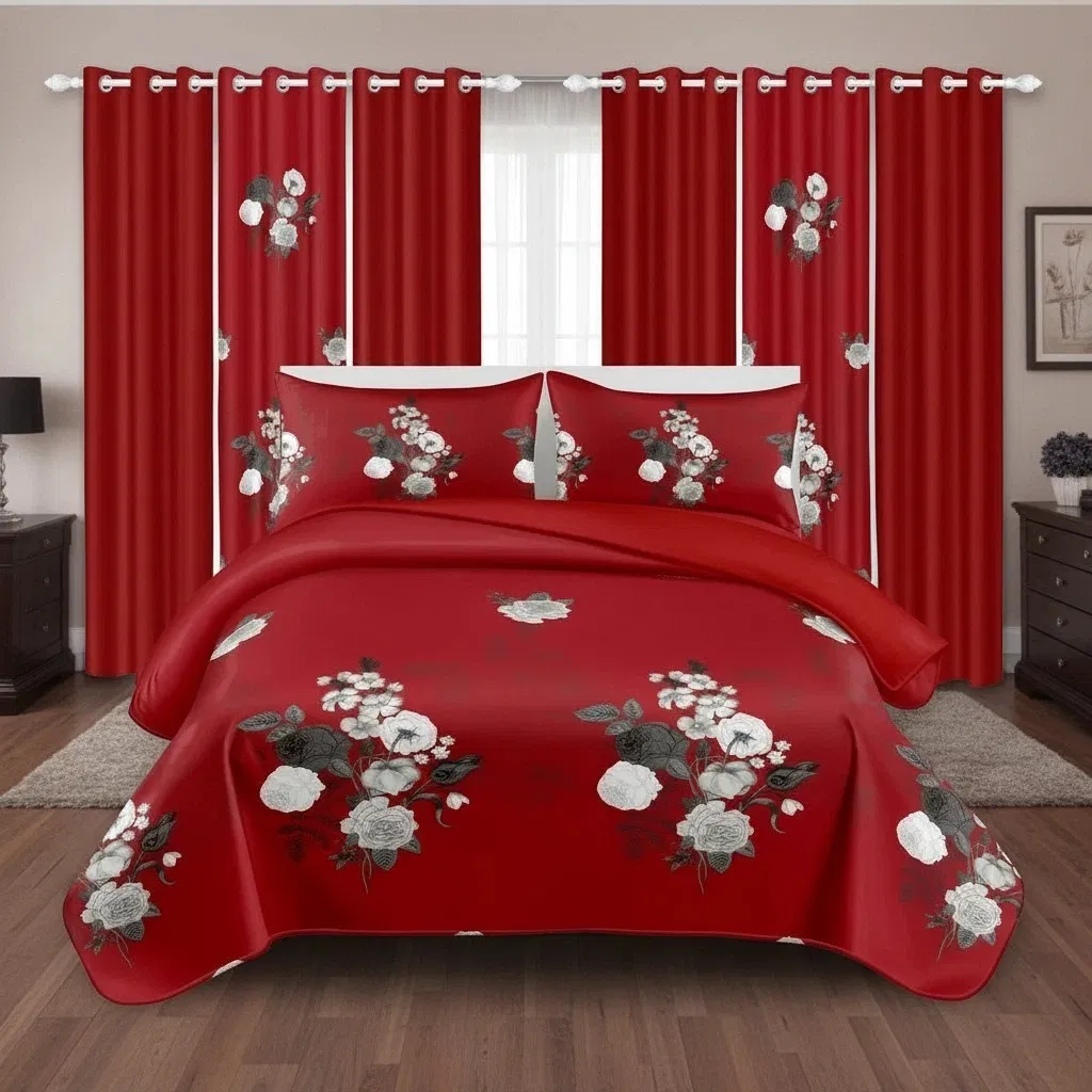 9-Piece Burgundy Red Floral Bedding & Curtain Combo Set, Vibrant Crimson Quilted Bedspread with 6 Light Filtering Window Panels & 2 Shams, Easy Care Microfiber Coverlet, Pet Friendly — image 3