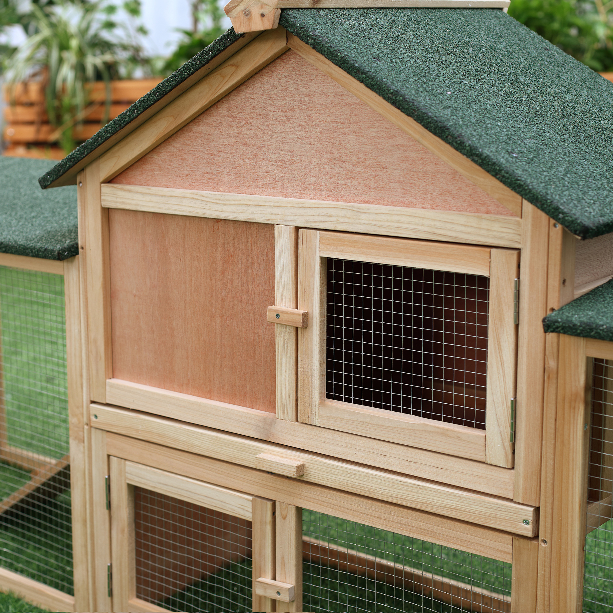 Conejera de Madera de 83", Casa Grande para Conejos con Doble Corral, Bandeja Extraíble, Techo Impermeable, Exterior, Natural — imagen 3