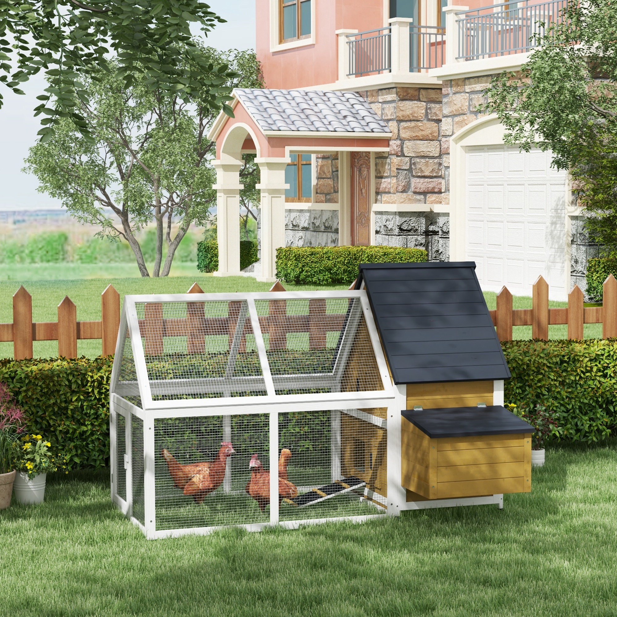 65" Chicken Coop Wooden Chicken House Rabbit Hutch Poultry Cage Hen Pen Backyard with Nesting Box, Ramp, Run, Yellow — image 4