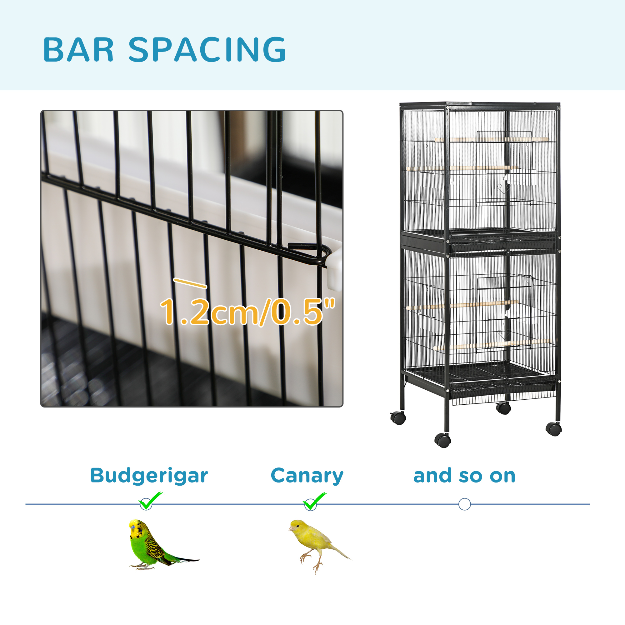 55" 2 In 1 Bird Cage Aviary Parakeet House for finches, budgies with Wheels, Black — imagen 6