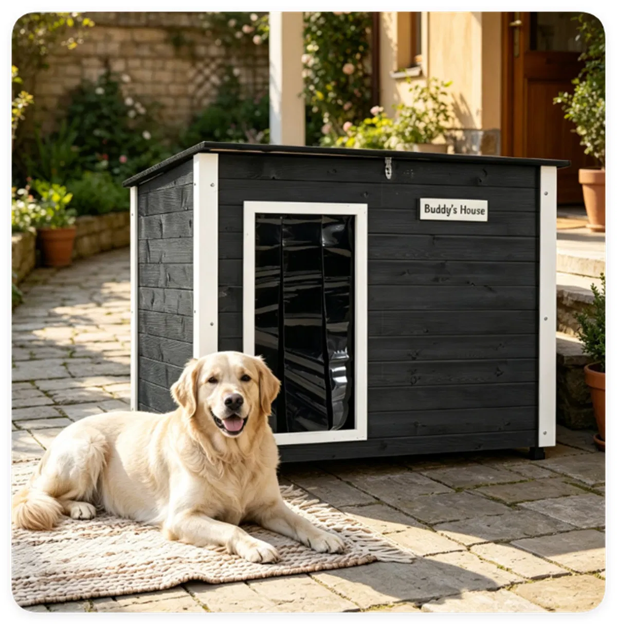 42.5" x 27" x 33.5" Outdoor Dog House with Sloped Asphalt Roof, Elevated Floor & Openable Roof Weatherproof Pet Kennel with PVC Door Curtain for Medium Large Dogs Gray — image 4