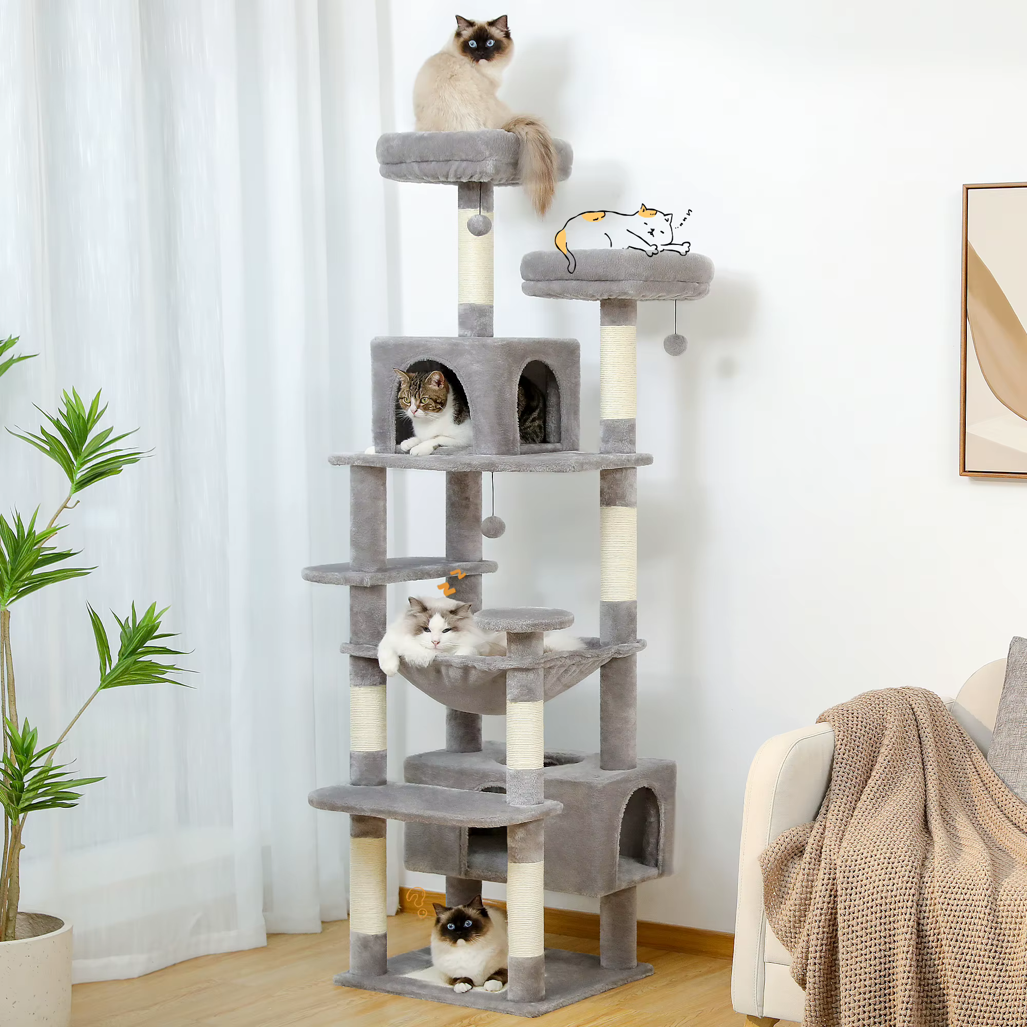 Large Cat Tree and Tower for Indoor Cats With Sisal-Covered Scratching Posts Spacious Hammock Padded Perches and Condos Cat Toys — image 1