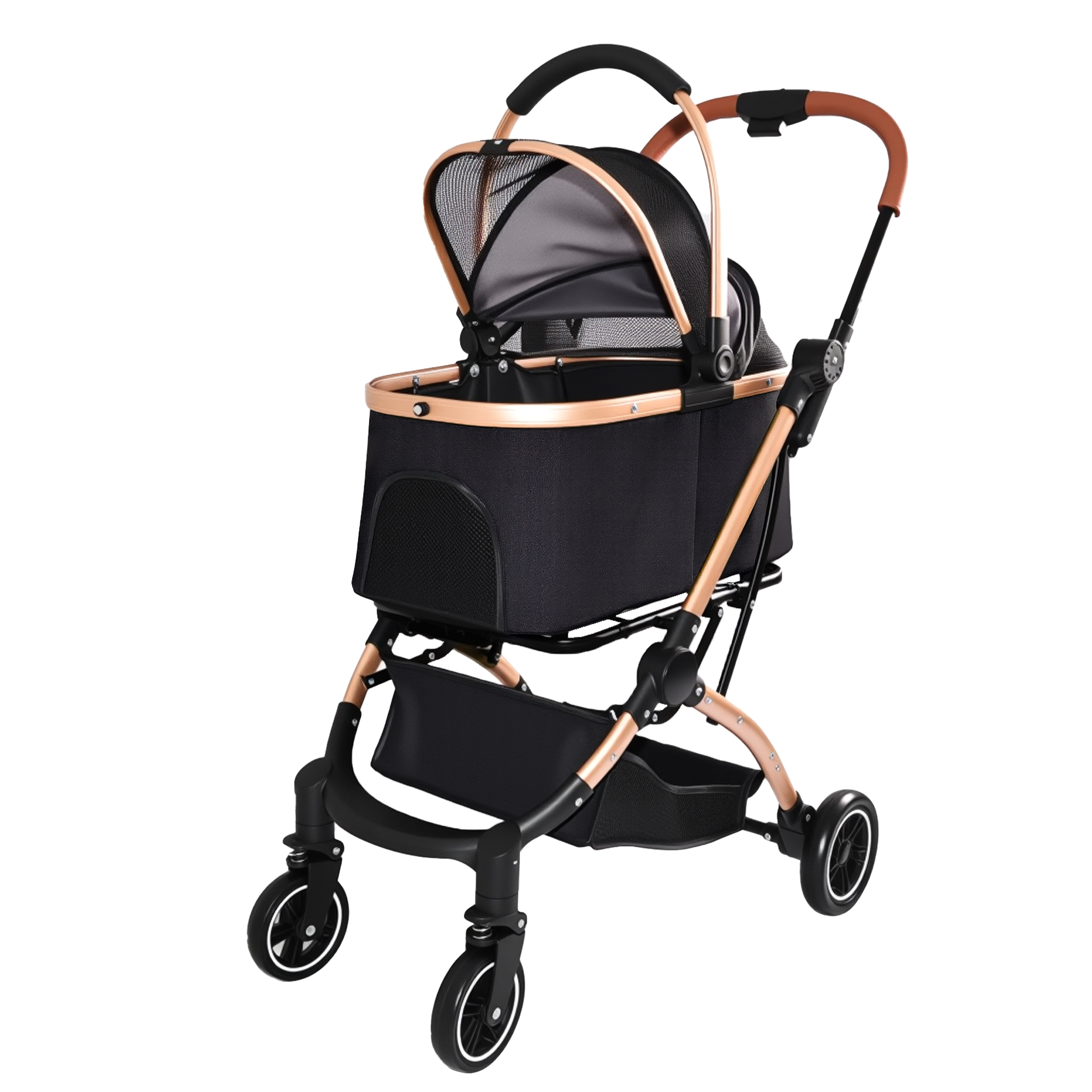 Pet Stroller for Dogs and Cats, 2-in-1 Detachable Foldable 4 Wheels Pet Stroller, Quick One-Hand Fold, Storage Basket, Detachable Carry Basket with Sun Canopy(Black+Gold) — image 8