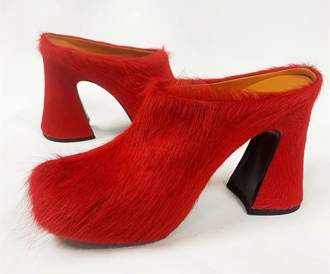 Round headed candy colored genuine leather horse hair with raised height inside casual lazy half slippers for women — image 7