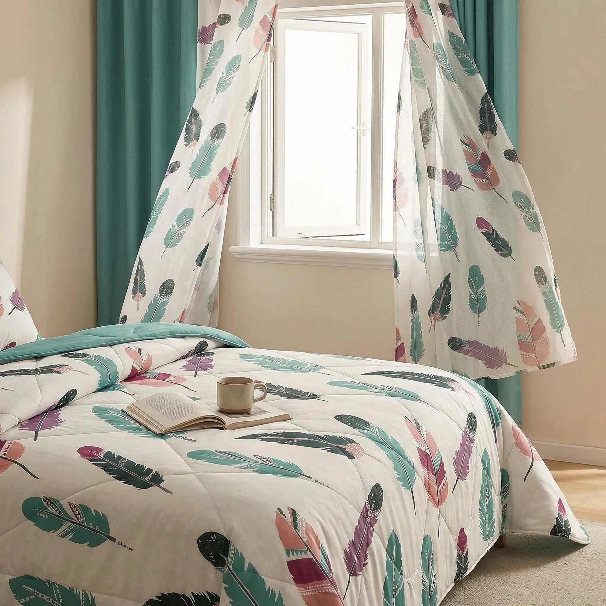 9 Piece Room In A Bag Quilt And Curtain Set, US Designer Boho Feather Print Heavyweight Bedspread With 6 Customizable Window Panels, Pet-Friendly High GSM Coverlet Teal, White — image 6
