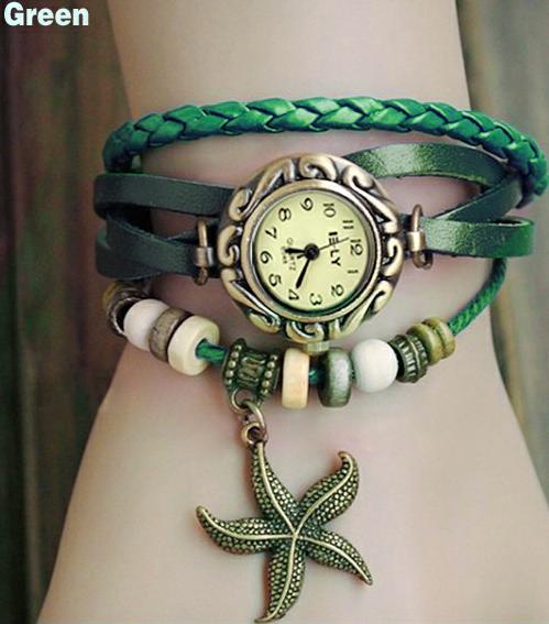 Lady Starfish Bracelet Watch Clock Retro Weave Wrap Watches Genuine Leather Starfish Wristwatch Slim Bnad small Dial LL — image 11