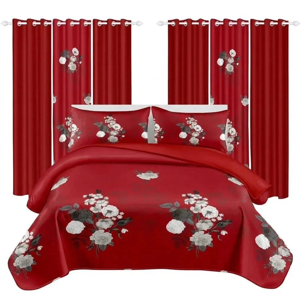 9-Piece Burgundy Red Floral Bedding & Curtain Combo Set, Vibrant Crimson Quilted Bedspread with 6 Light Filtering Window Panels & 2 Shams, Easy Care Microfiber Coverlet, Pet Friendly — image 19