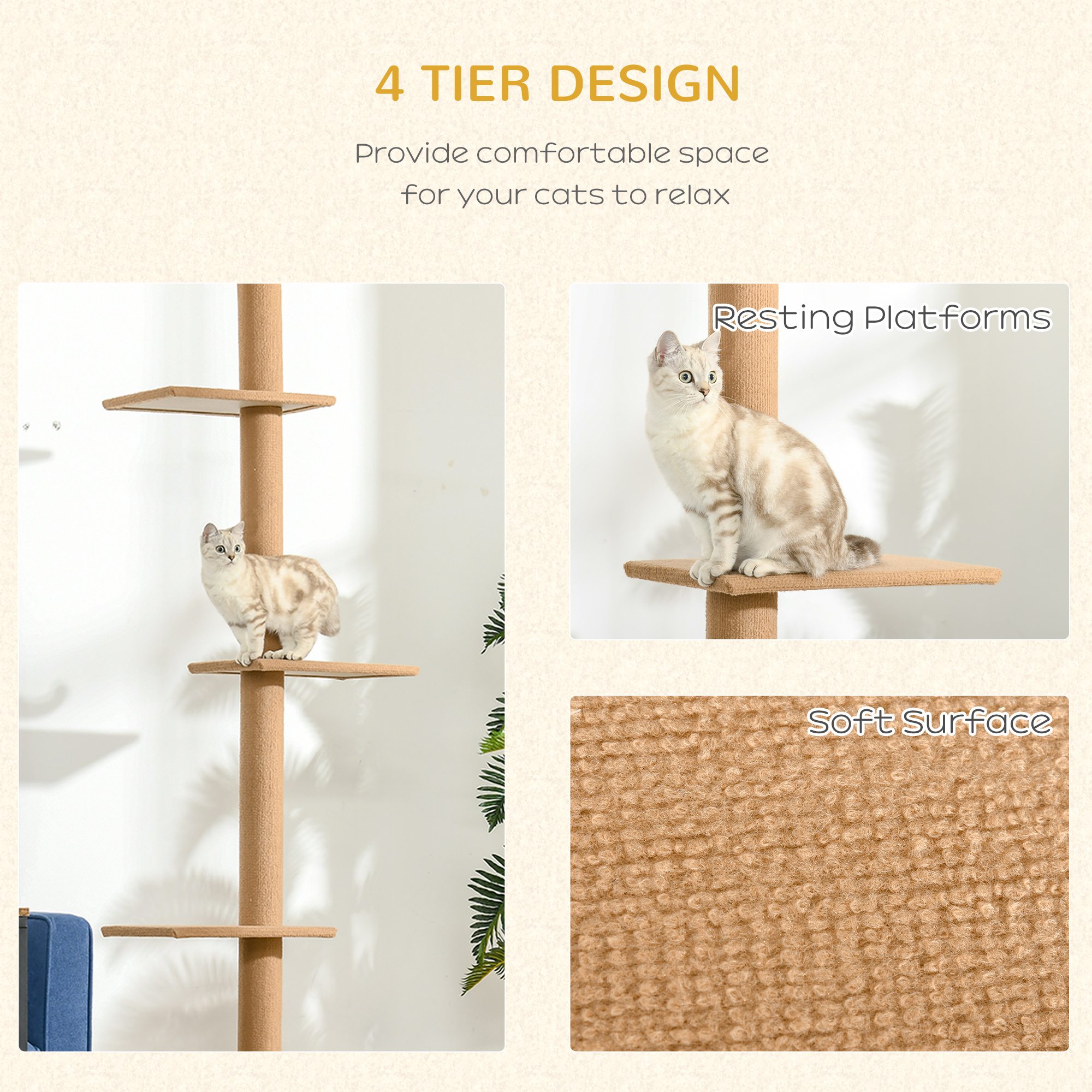 Árbol de Gatos de Piso a Techo con Postes de Rastrillado en Sisal, Centro de Actividad para Gatos, Color Marrón — imagen 8