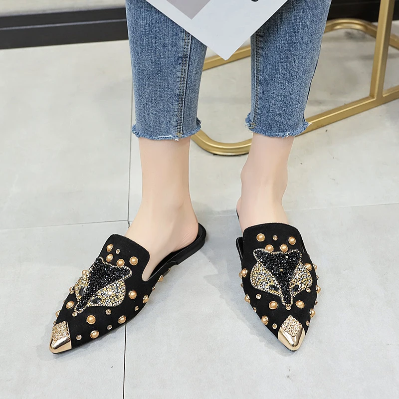 Women Shoe Fashion String-bead Pointed Rhinestone Rivet Flat Women Slippers Slip-On Mules Loafer Sandals Slides Ladies Shoes — image 3