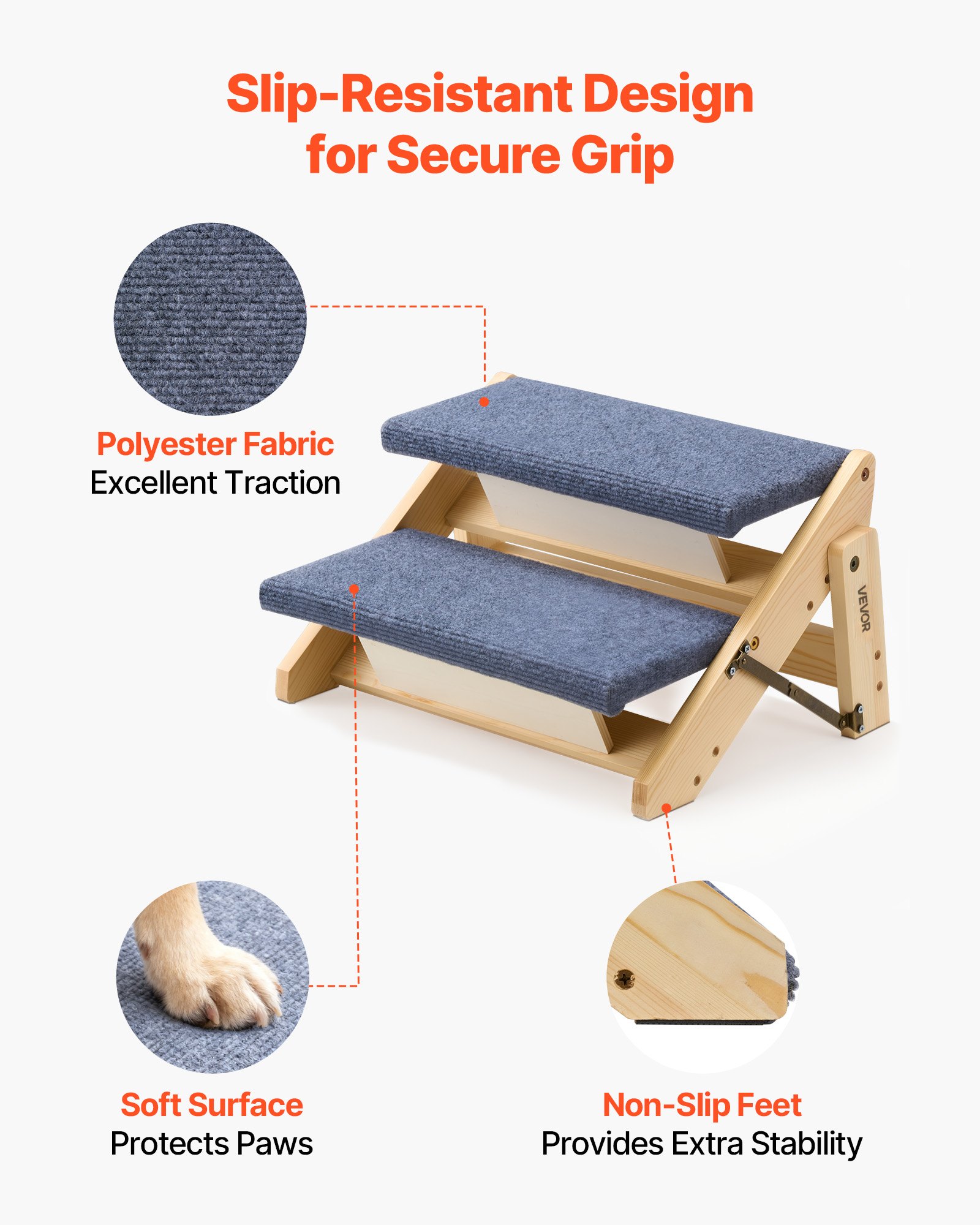 Escaleras de Madera para Mascotas 2 Pasos, Soporte Seguro para Cama, Sofá y Coche, Capacidad 110lbs, Diseño Plio Plegable, Estables y Rígidas para Perros y Gatos Pequeños Grandes Ancianos — imagen 3