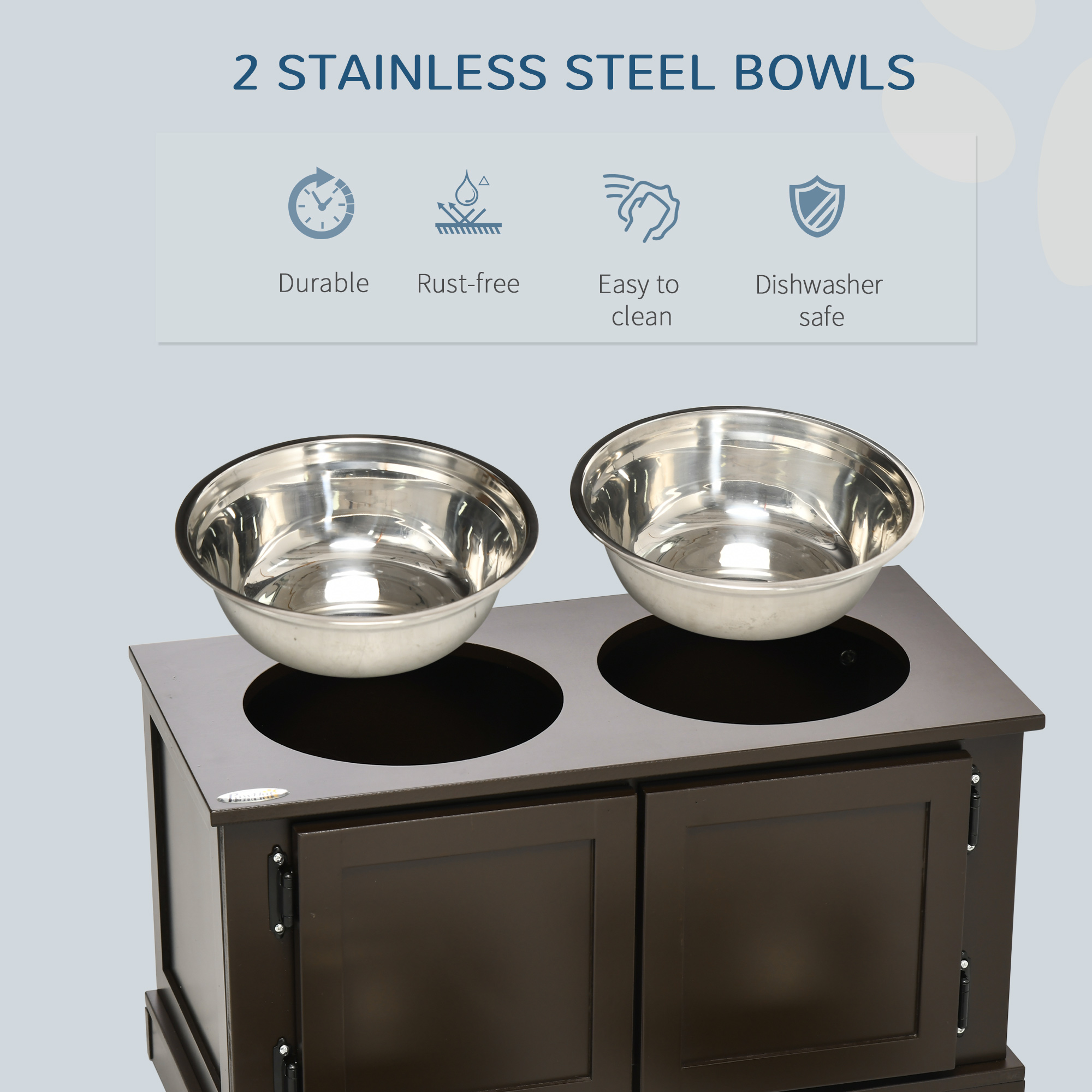 Comedor Elevado para Perros con Almacenamiento, Dos Tazas de Acero Inoxidable para Perros Grandes, Café — imagen 5