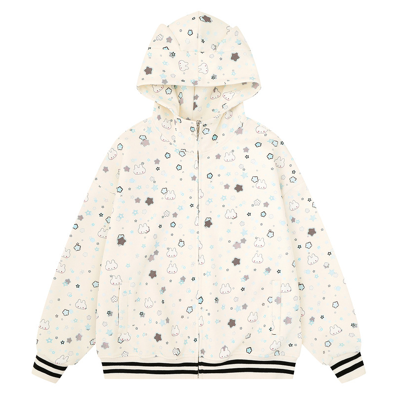 Light blue full print bunny cat ear hooded sweatshirt striped jacket — image 3
