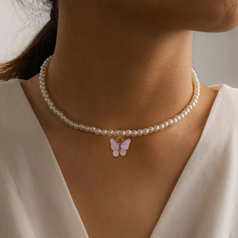 Collar de Perlas Blancas y Peralta: Joyería de Moda para Mujer con Mariposa, Cuello de Flor de Nieve para Bodas — imagen 8
