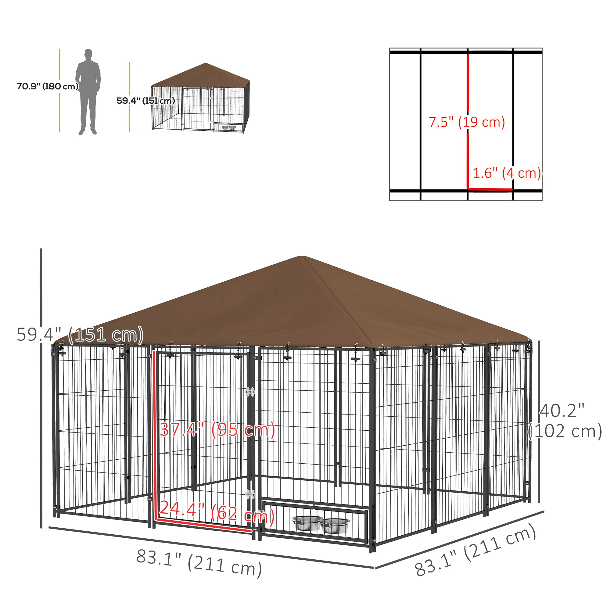 6.9' x 6.9' x 5' Outdoor Dog Kennel with Canopy, Rotating Bowls, Coffee — image 3