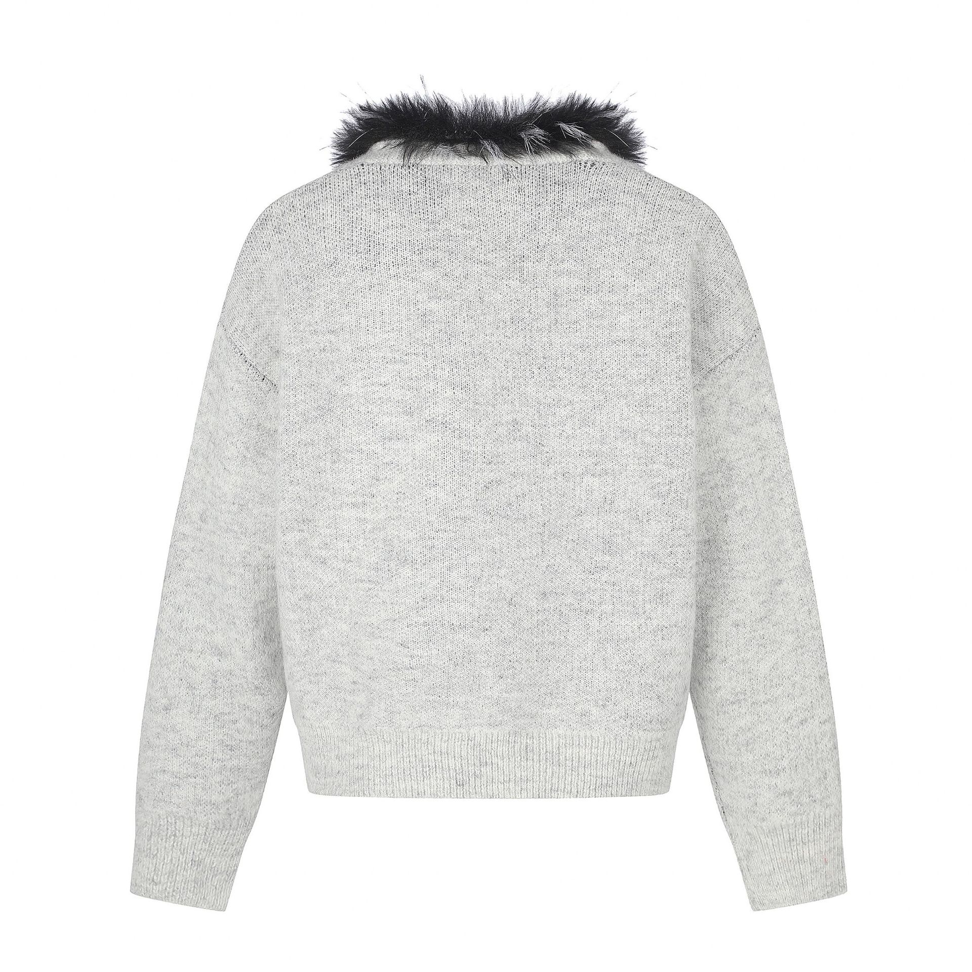 Women's Sweet Cool Faux Fur Collar Knit Cardigan with Cartoon Puppy Jacquard V-Neck Loose Soft Sweater Outerwear — image 3