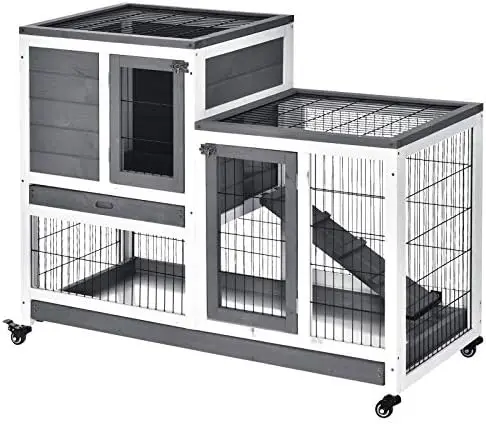 Wooden Rabbit Hutch Elevated Bunny Cage Indoor Small Animal Habitat with Enclosed Run with Wheels, Ramp, Removable Tray — image 1