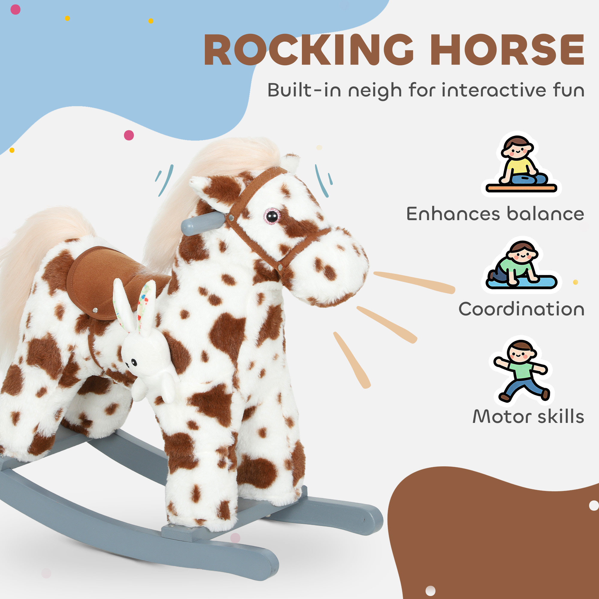 Caballo de Mueca con Muñeca de Conejo y Sonido de Niega Realista para Niños Pequeños, Pelo Suave de Color Marrón — imagen 7