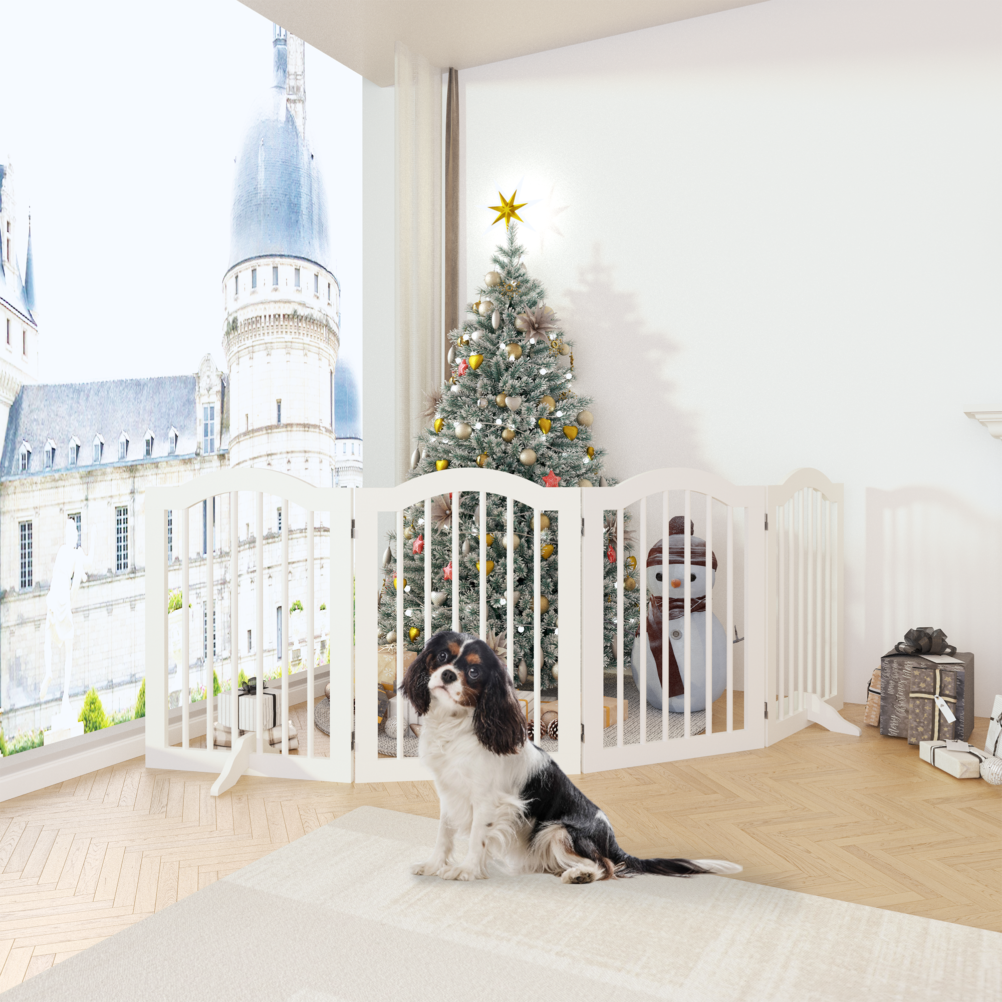 27.6 Height Tall Freestanding Pet Gate, 4 Panels Foldable Dog Gate, Solid Wood Folding Safety Fence Wooden Dog Gate With 2 Pcs Support Feet Ideal For Stairs, Doorways, Halls, Kitchens — image 3