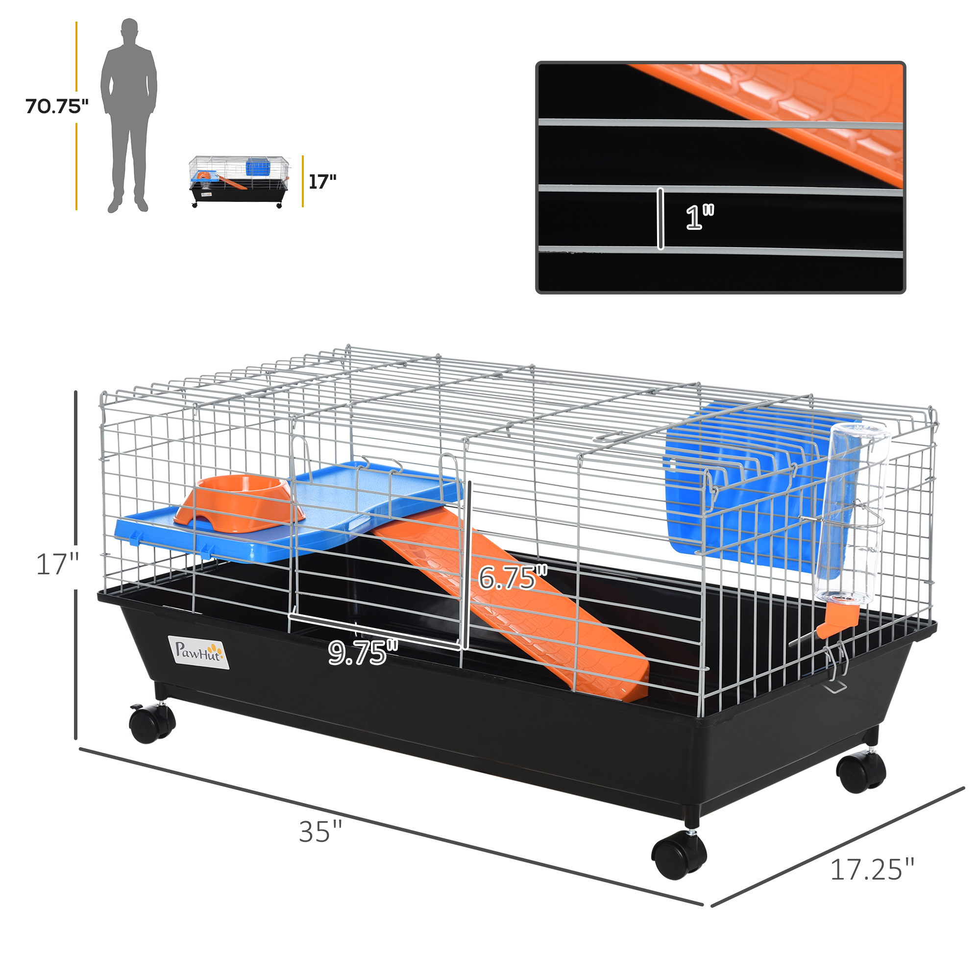 L Small Animal Cage With Food Dish, Water Bottle, Hay Feeder, Platform, Ramp For Chinchilla, Black — imagen 3