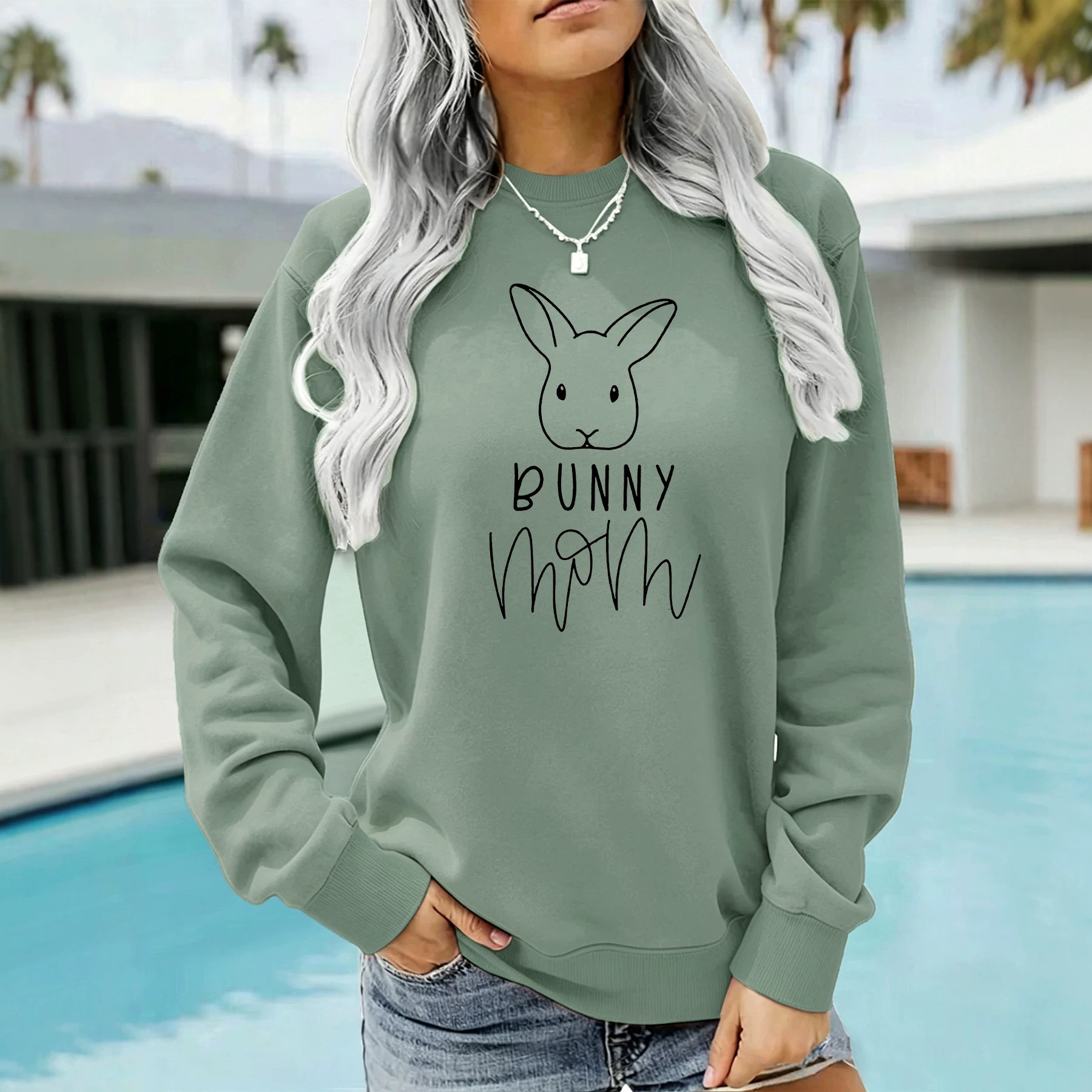 Rabbit and letter printed round neck fleece hoodie — image 5