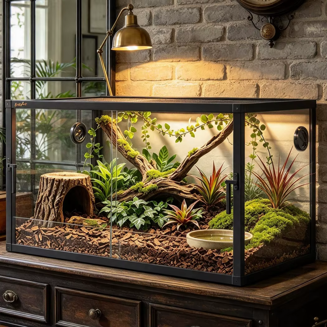 Glass Reptile Terrarium Enclosure with Sliding Doors, Glass Breeding Box, Mesh Top, Aluminium Frame, 80/100/120cm — image 1