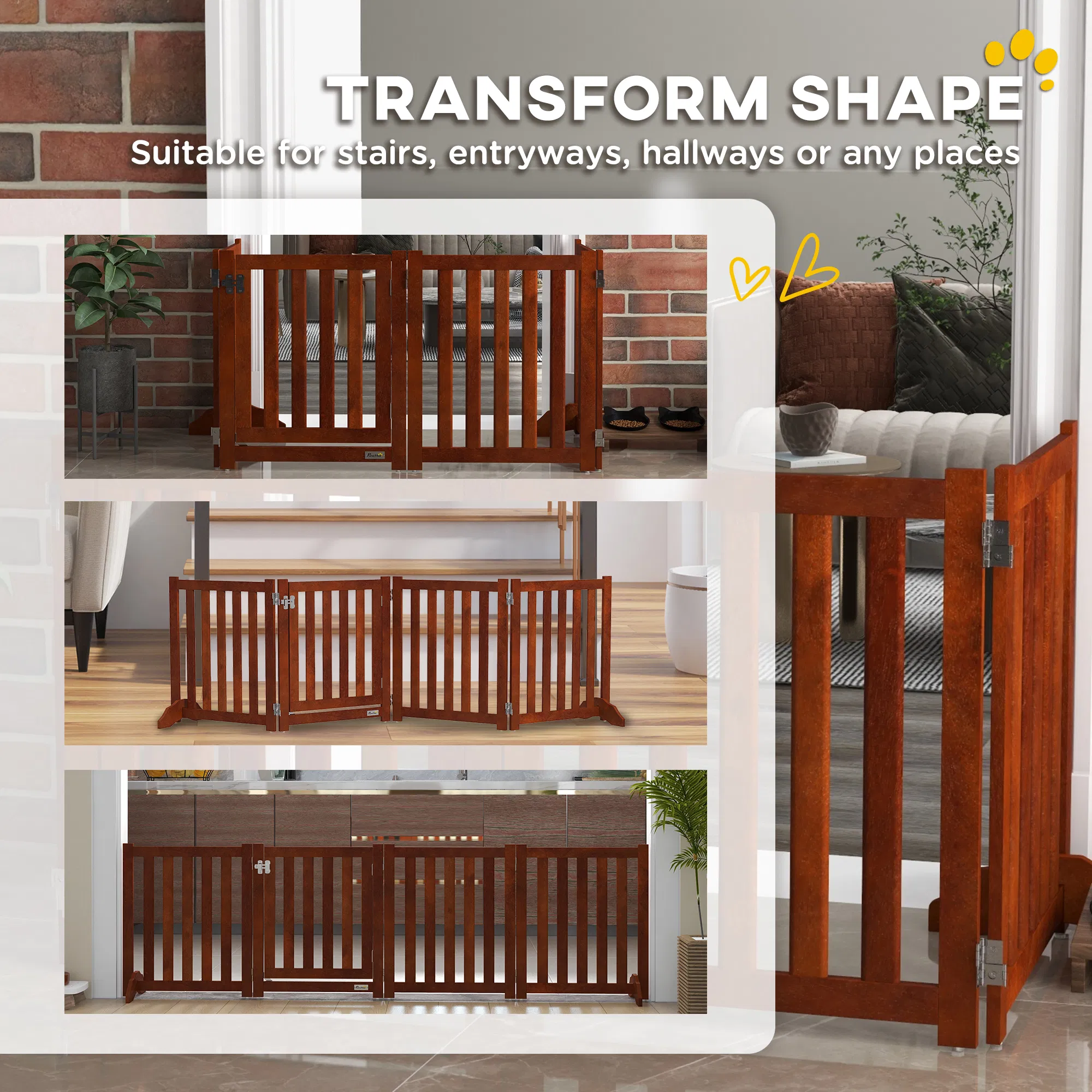 Foldable Dog Gate with Door, 4 Panels Fressstanding Pet Gate, Brown — image 5