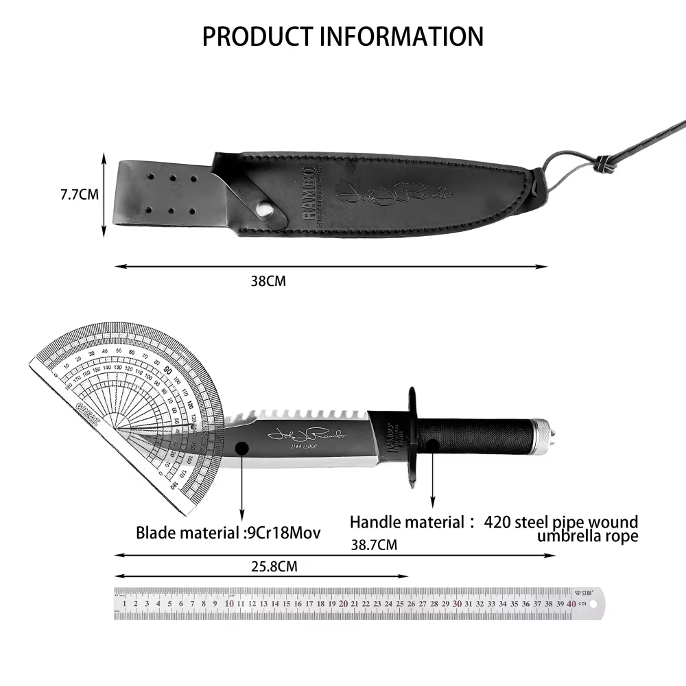 RAMBO Fixed Blade Knife 9Cr18Mov Blade Outdoor Hunting Survival Defense Tactical Combat Cutting Durable Camping Knife Men's Gift — image 6