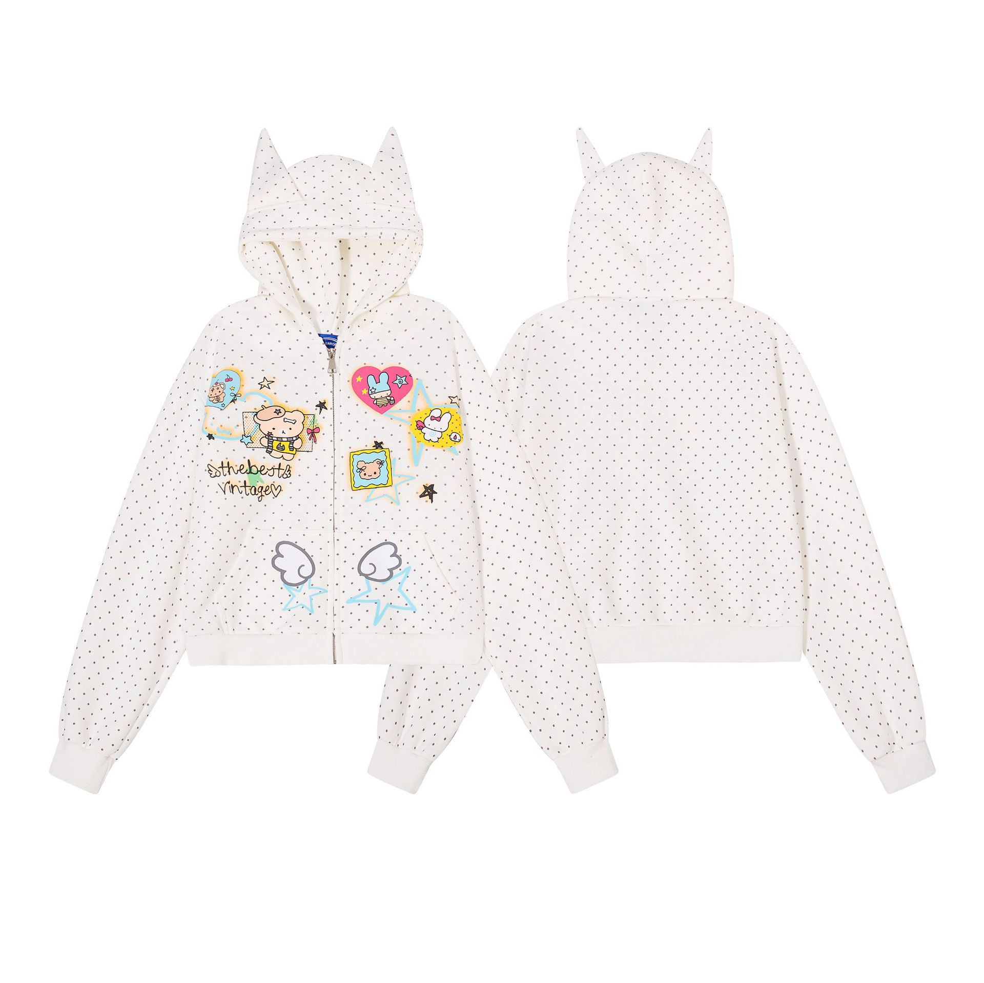 Women's Hooded Cardigan Sweatshirt with Cat Ear Details and Fun Cartoon Polka Dot Print — image 5
