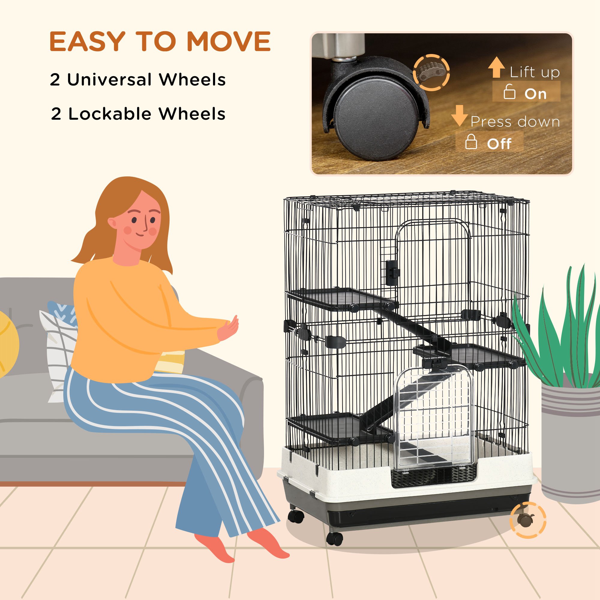 Caja para Pequeños Animales L de 4 Niveles con Ruedas Universales Bloqueables, Plataforma Deslizante para Conejos, Chinches y Ferretes, Negro — imagen 5
