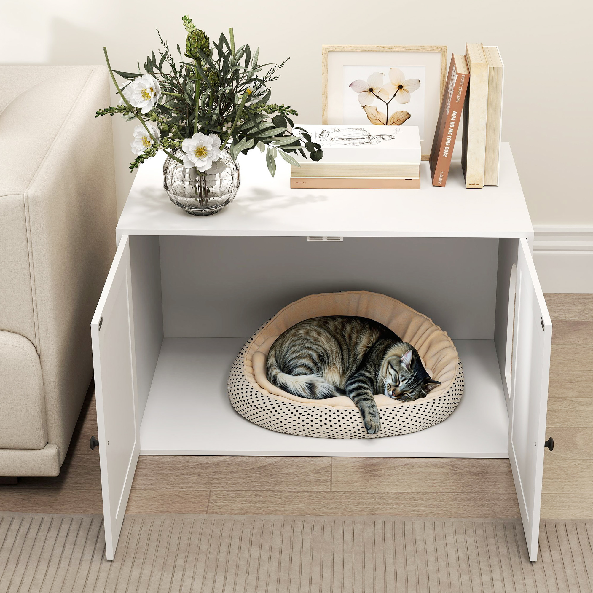 Caja de Arena para Gatos con Puerta de Granja, Hoyo del Gato, 81 cm × 53 cm × 51 cm, Blanco — imagen 8