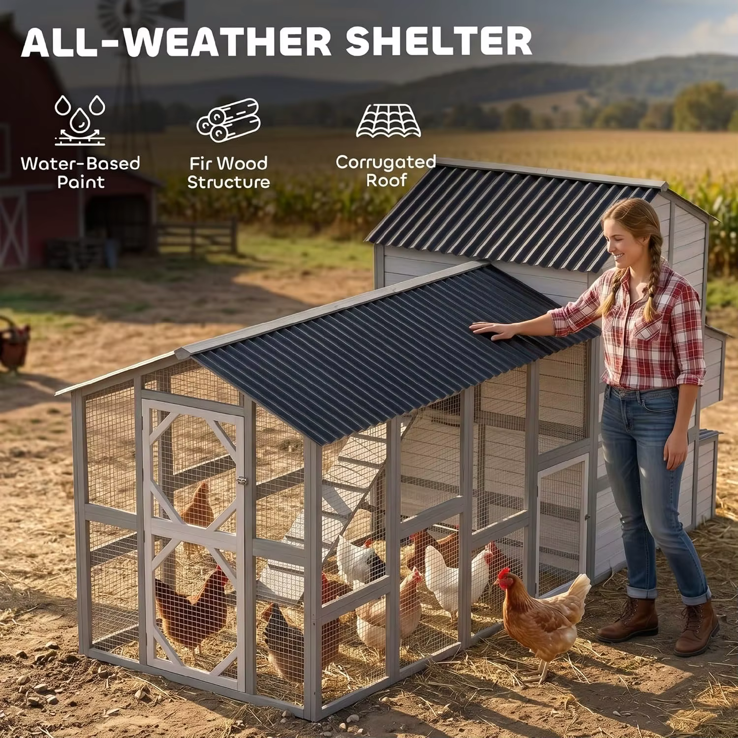 Walk-In Poultry Hutch Outdoor Chicken House, Nesting Box, Pull-Out Tray, Ventilated Windows, Ramp for Duck Rabbit — image 4