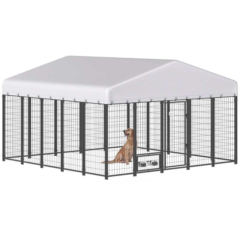 Caseta para Perros de Exterior 9.8' X 9.8' X 6', Corral Exterior con Comederos Giratorios 360°, Funda Impermeable y Resistente a los Rayos UV, Paquetes Múltiples — imagen 7
