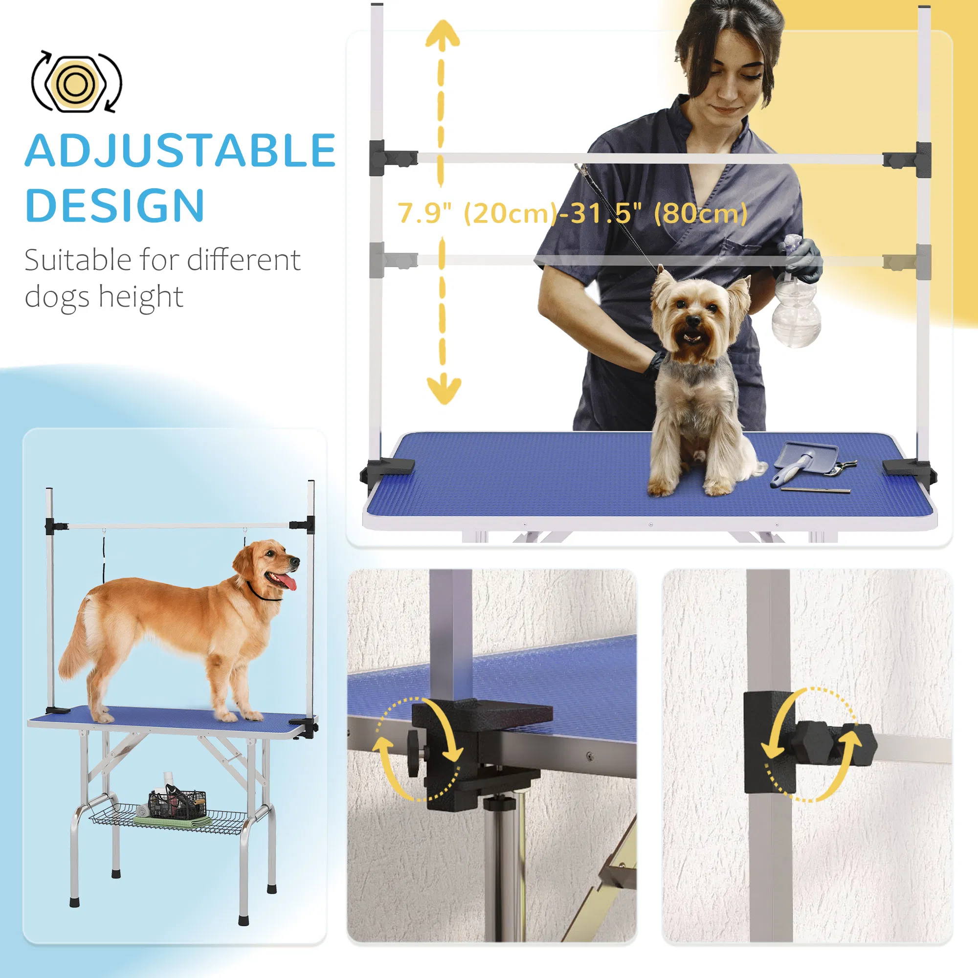 Adjustable Dog Grooming Table with 2 Safety Slings, Storage Basket, Blue — image 2