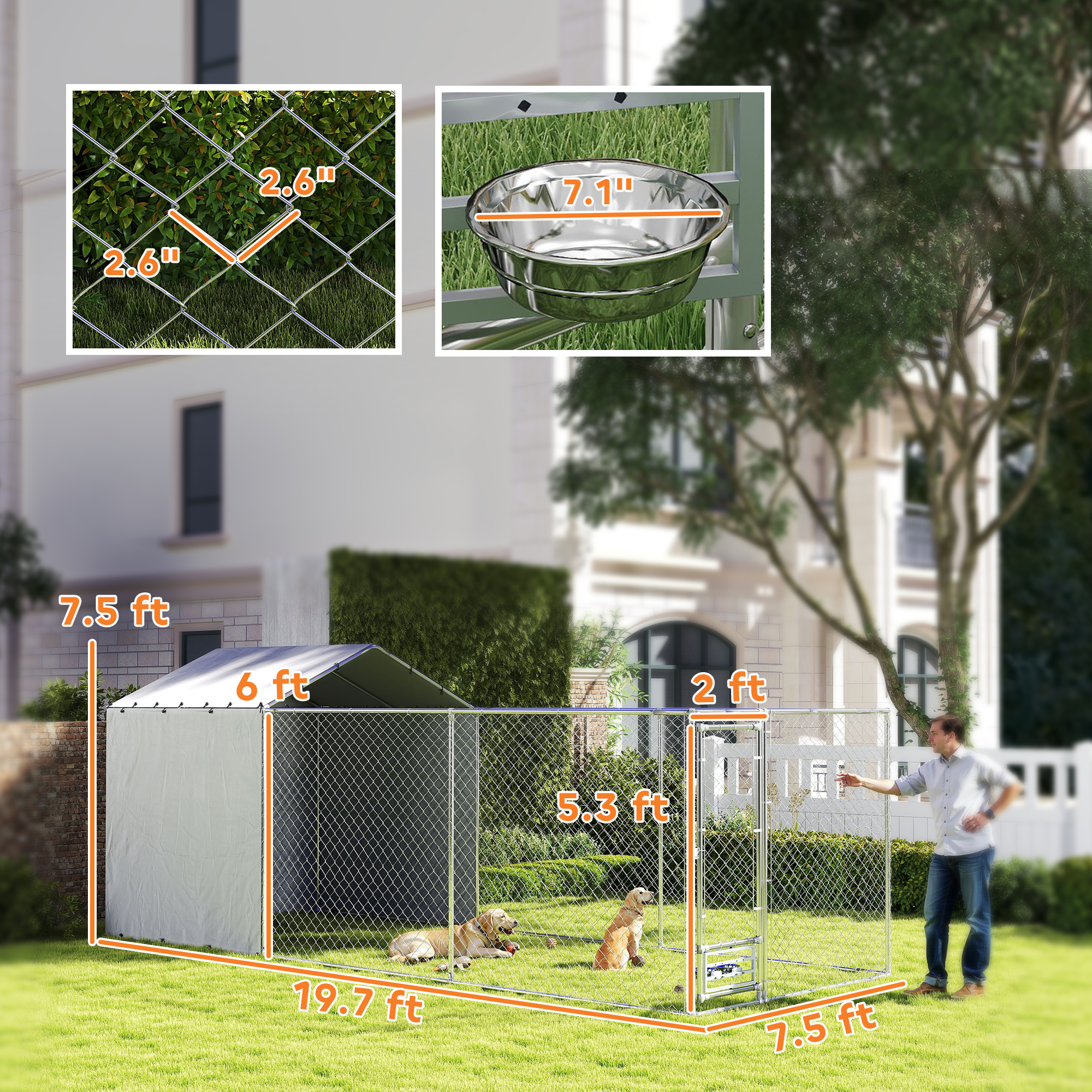 Galvanized Chain Link Large Outdoor Dog Kennel with Waterproof & UV-Resistant Cover, for M & L Dogs, 19.7 x 7.5 x 7.5 — imagen 3