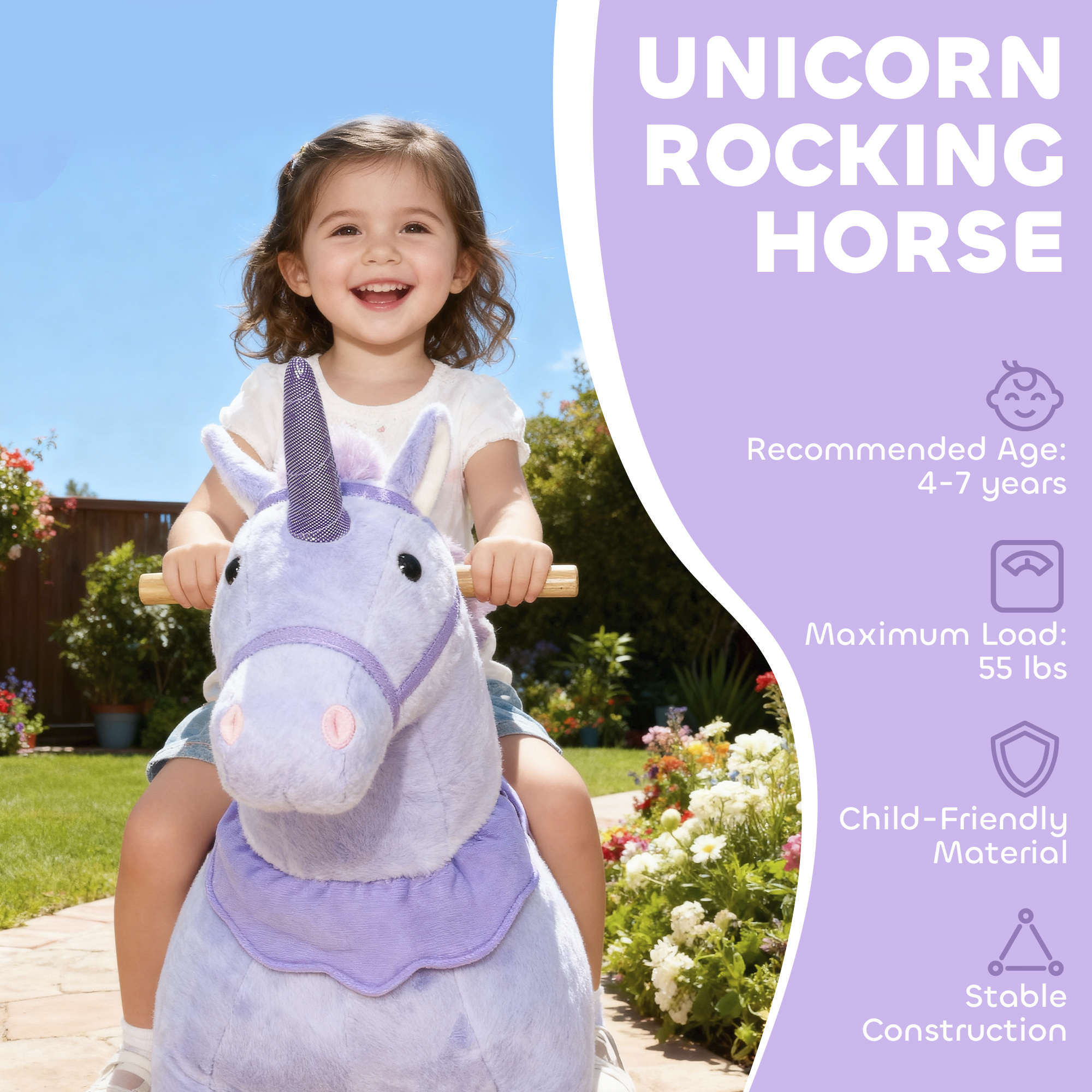 Ride on Unicorn Toy for Kids 4-7 Years, 37.8 Inch Plush Baby Rocking Horse with Wheels, No Battery Required, Purple — image 5
