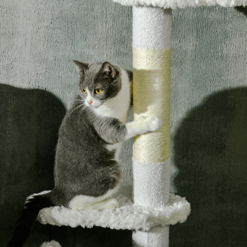 PawHut Floor To Ceiling Cat Tree With Scratching Posts, 88.5-100.5 Adjustable Height, Cat Climbing Tower With Cloud Shape Platforms, Toy Balls, Anti-toppling Device, White — image 6
