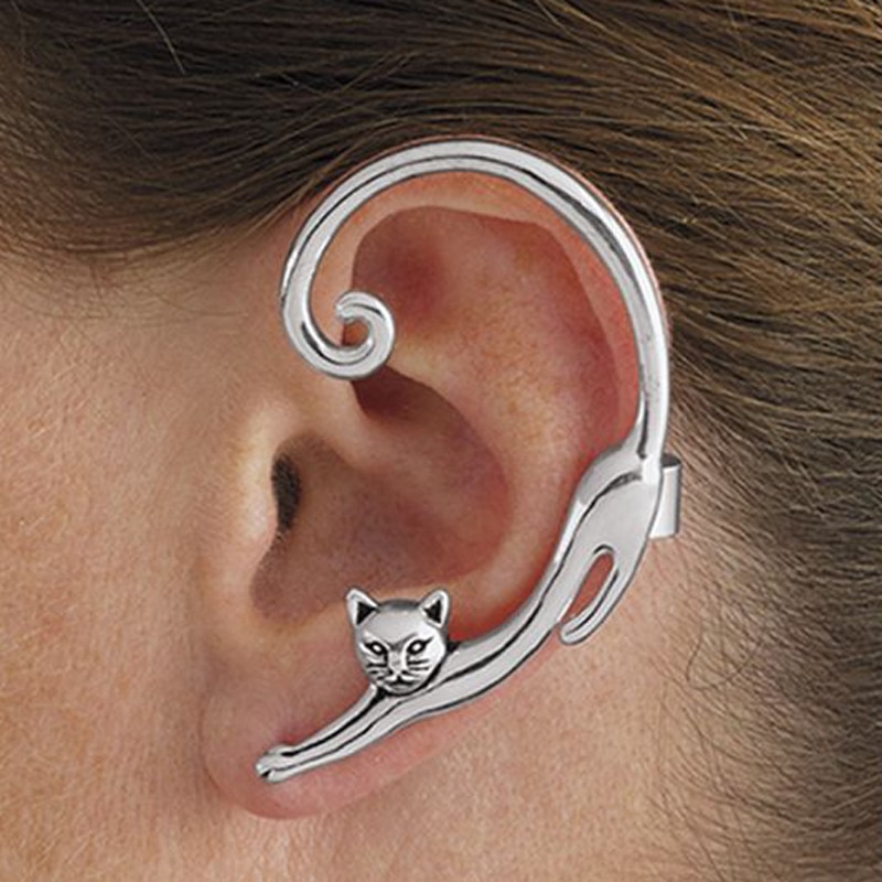 Single Piece Punk Style Cat Post Earring with Ear Cuff Rock Animal Black Stud Earring — image 1