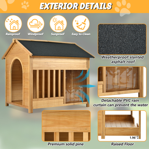 60.2 Large Outdoor Dog House With Insulated Liner For Winter Waterproof Dog Kennel For Medium & Large Dogs, Dog House With Porch And Asphalt Roof And Elevated Floor, Nature — image 12