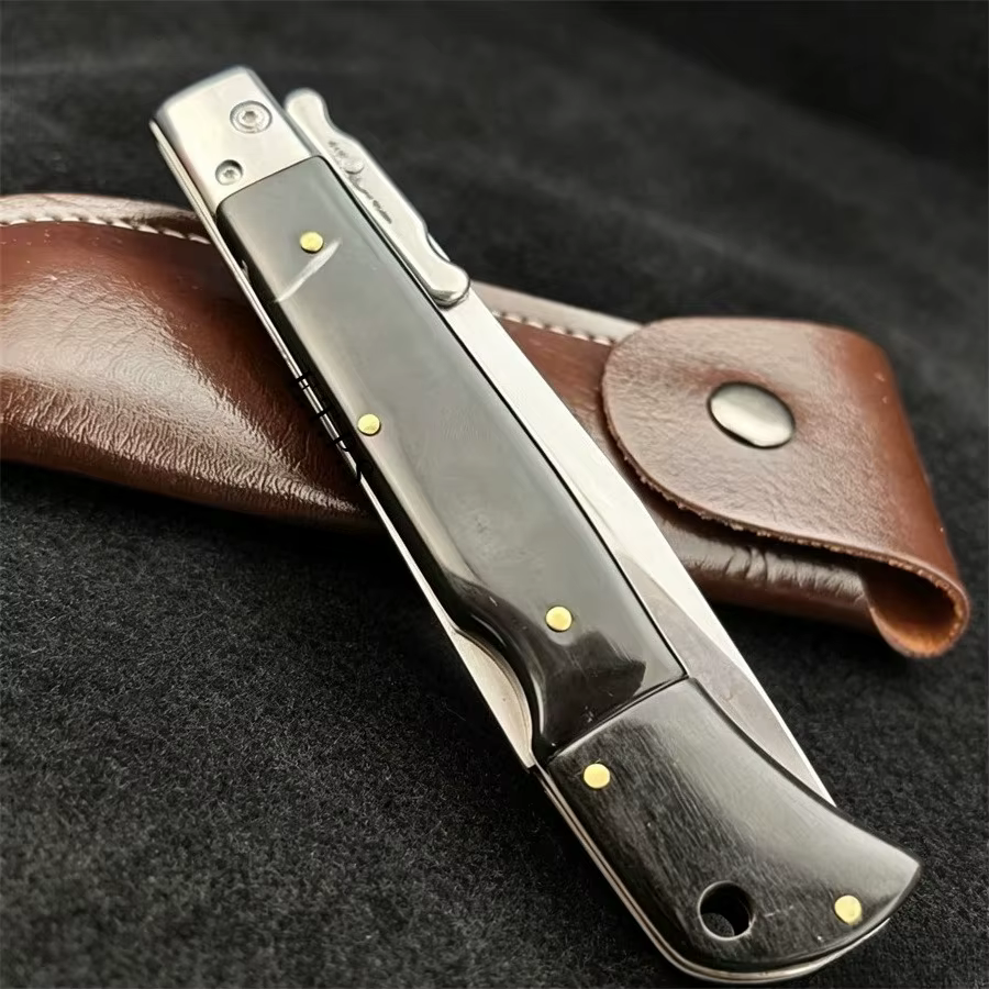 EDC Folding Knife Satin Flat Blade Safety Lock Knife Manually Opened for Daily Use, Three Color Handle with Leather Knife Cover — image 5