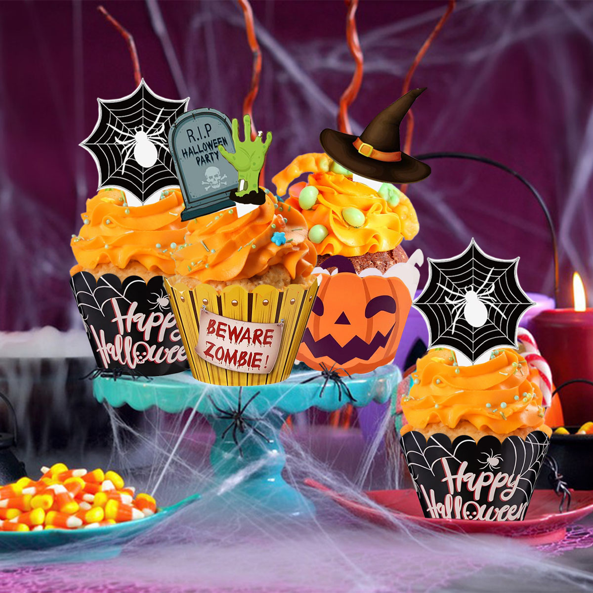 Set de 48 Piezas Decoración de Cupcakes de Halloween, Diseño de Mano de Zombi, Sombrero de Bruja, Telaraña y Lápidas, 3 Estilos de Picks y Envolturas Feliz Halloween — imagen 3