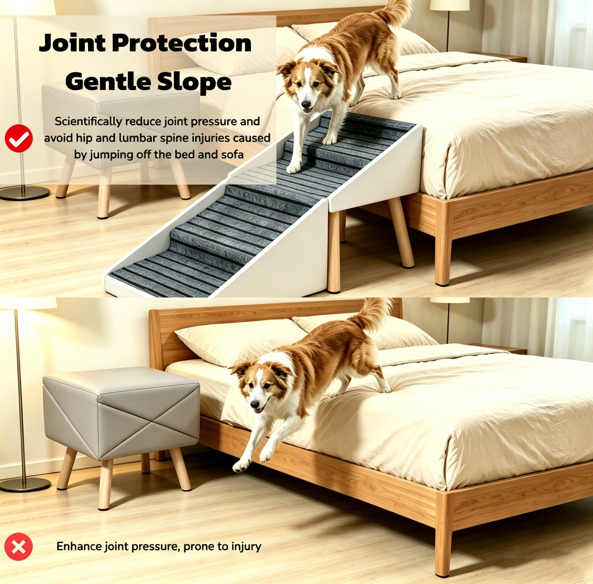 2-in-1 Dog Stairs for Bed and Couch 18.89" Foldable Dog Ramp for Couch 4 Pet Steps & Ottoman for Small Dogs, Beige — image 4