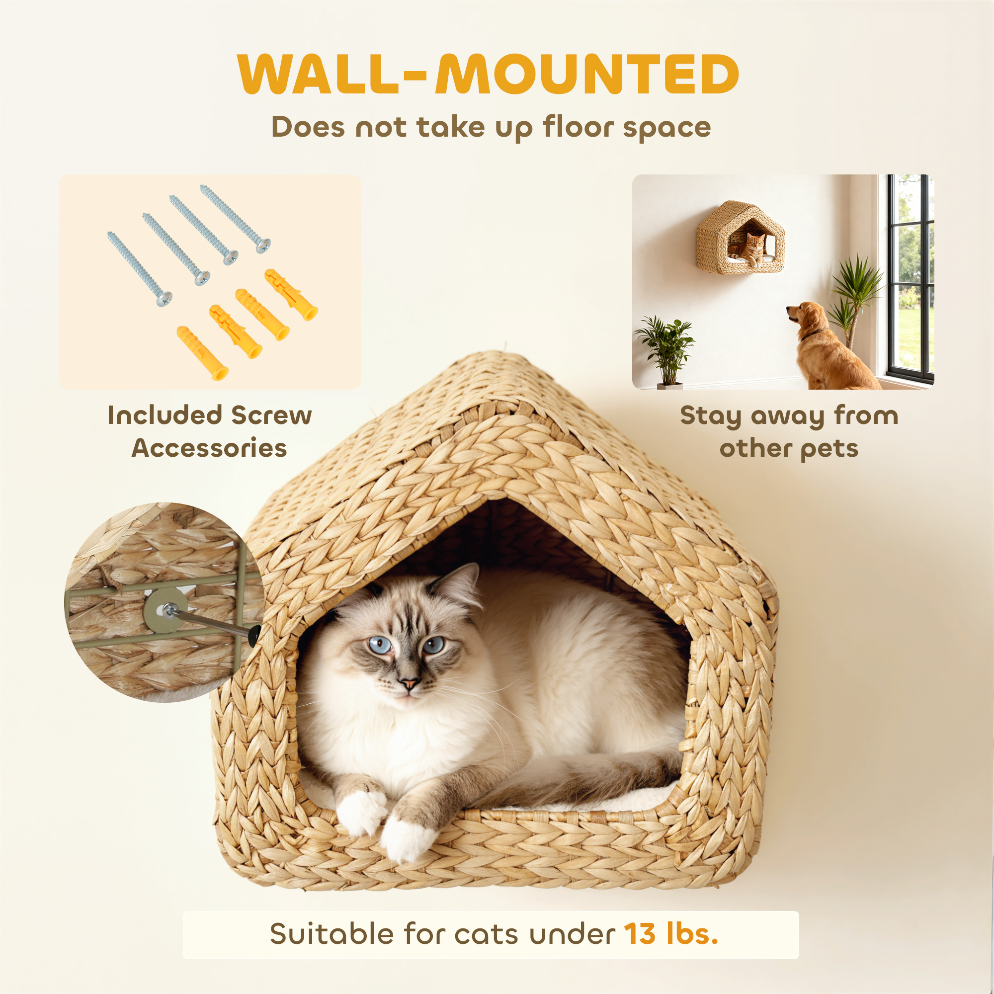 Casa de Gato Suspendida, Mobiliario de Pared para Gatos con Almohada Limpiable Natural — imagen 3