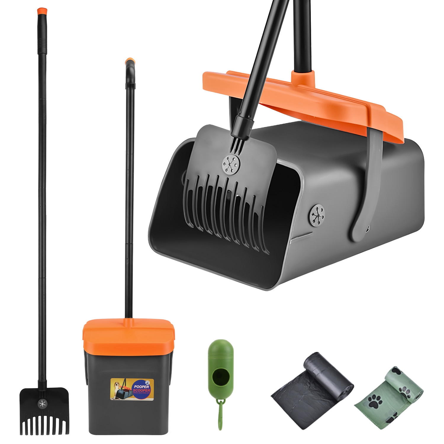 1 Juego de Kit Recogedor de Excremento para Perros Rastrillo y Bote Giratorio Herramienta Resistente para Recoger Excremento con Mango Extra Largo, 35 Bolsas de Desecho y Dispensador — imagen 1