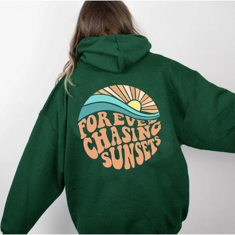Sunset Print Kangaroo Pocket Drawstring Hooded Women's Fleece Sweatshirt — image 11