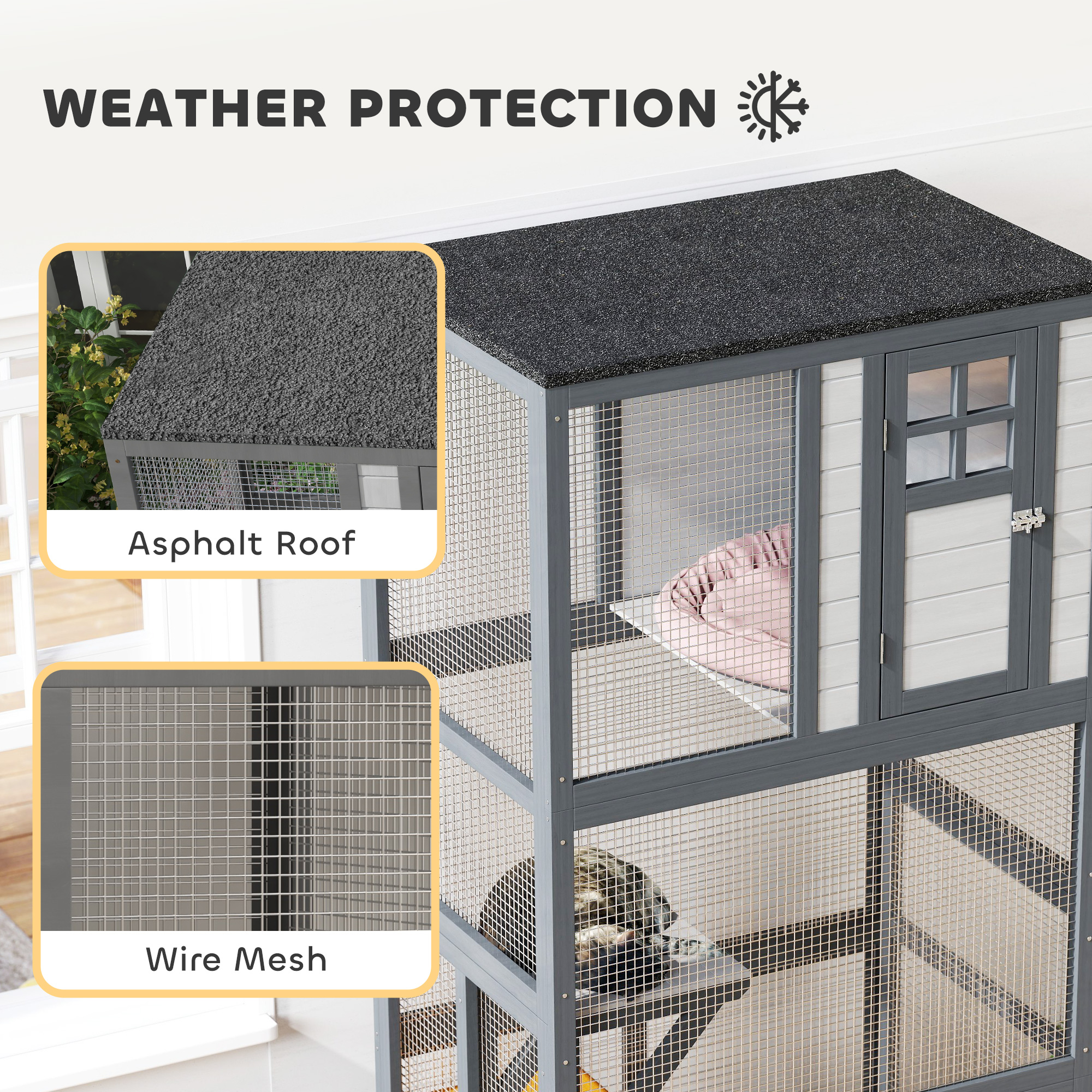 Casa de Gato Exterior en Madera de 74" con Alta Capacidad de Peso, Catio con Condo para Gatos, Gris Oscuro — imagen 7