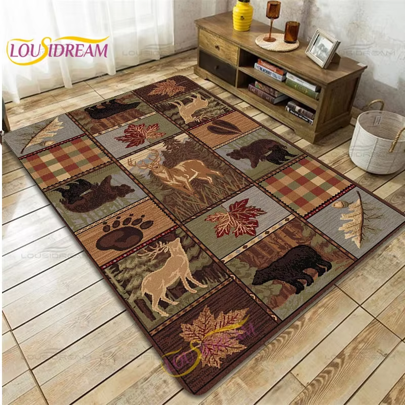 Country Style Farmhouse Lodge Bear Moose Deer Soft Rug Square Flannel Home Rug Vintage Home Living Room Floor Mats Bedroom Rug — image 2