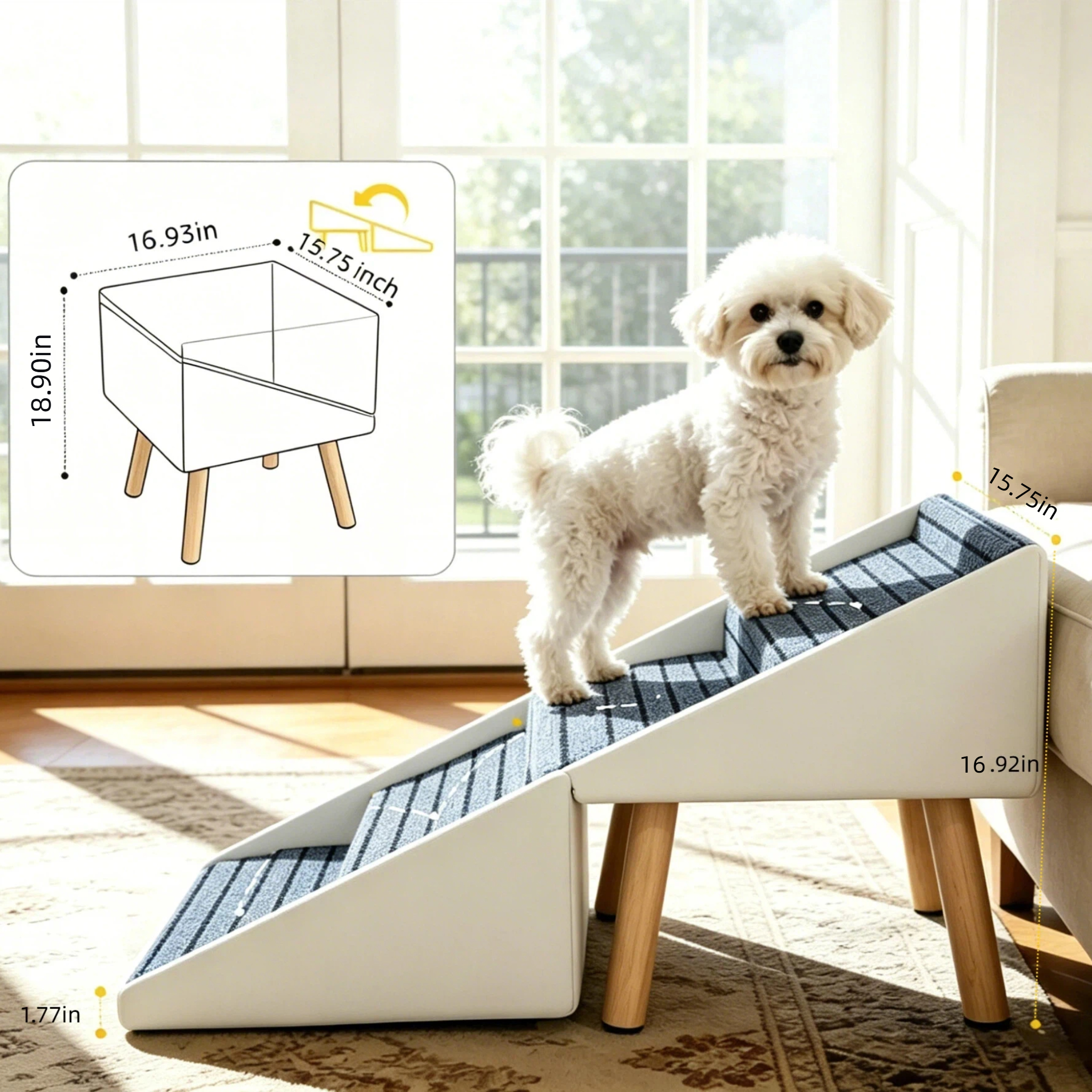2-in-1 Dog Stairs for Bed and Couch 18.89" Foldable Dog Ramp for Couch 4 Pet Steps & Ottoman for Small Dogs, Beige — image 7