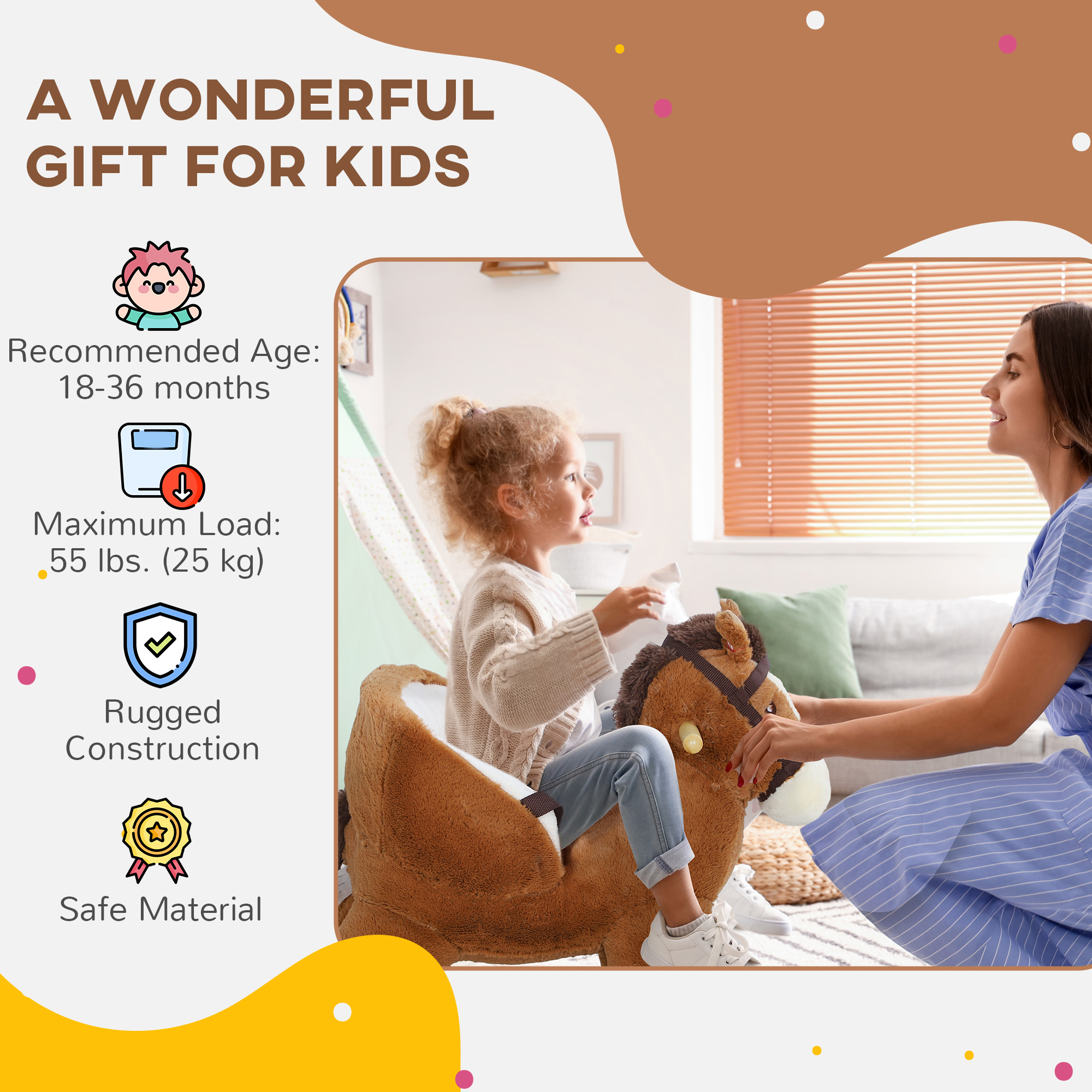 Baby Rocking Horse, Kids Ride-on with Sound, Wooden Base & Safety Belt for Ages 18-36 Months, Brown — image 7