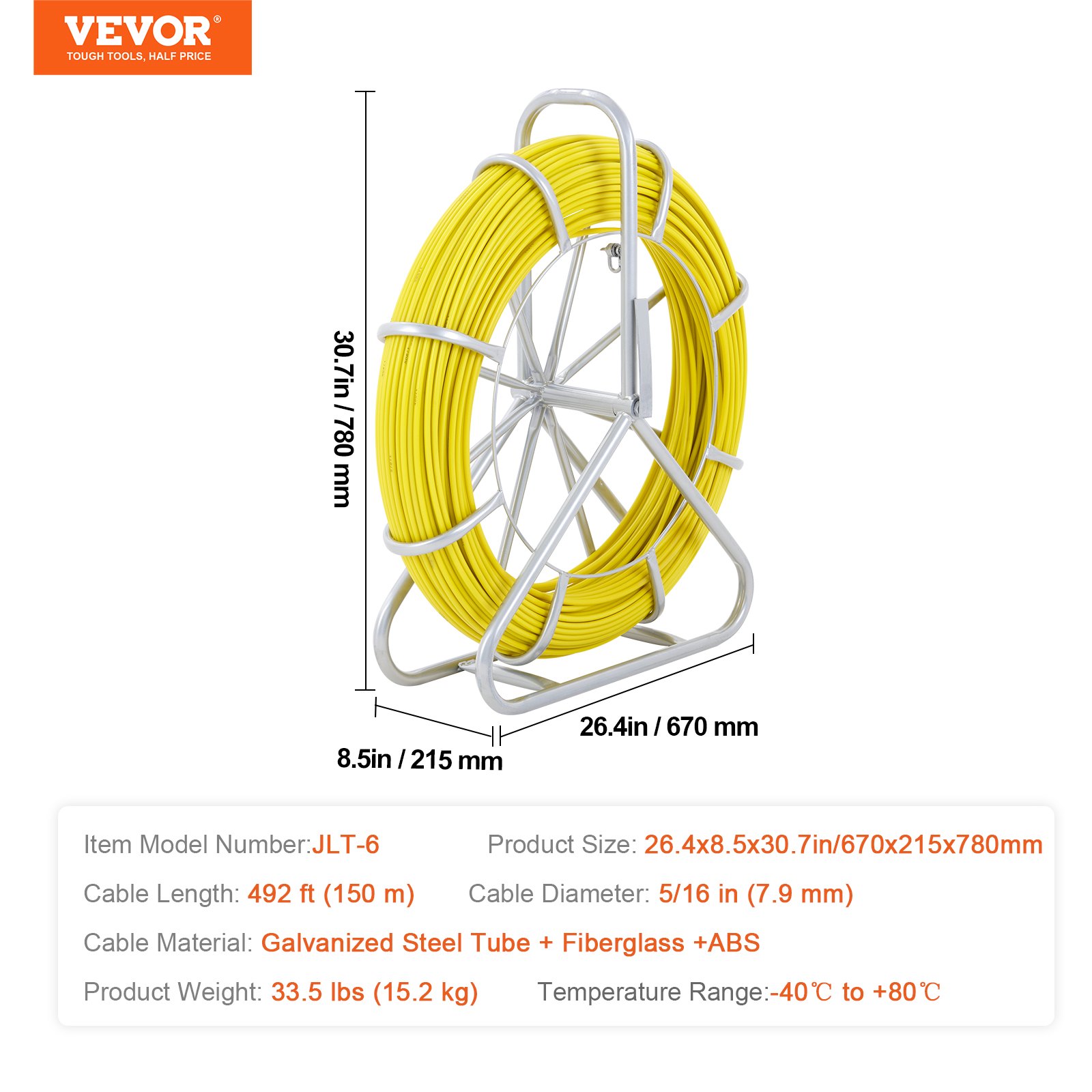 Tubo de Pescador VEVOR de Fibra de Vidrio, 492 pies, Accesorio para Cable con 3 Cabezas de Extracción y Soporte de Rueda de Acero, Herramientas para Pesca en Muros y Conduits Eléctricos No Conductores — imagen 2